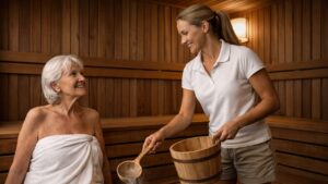 an elderly woman using a sauna and assisted by a younger woman