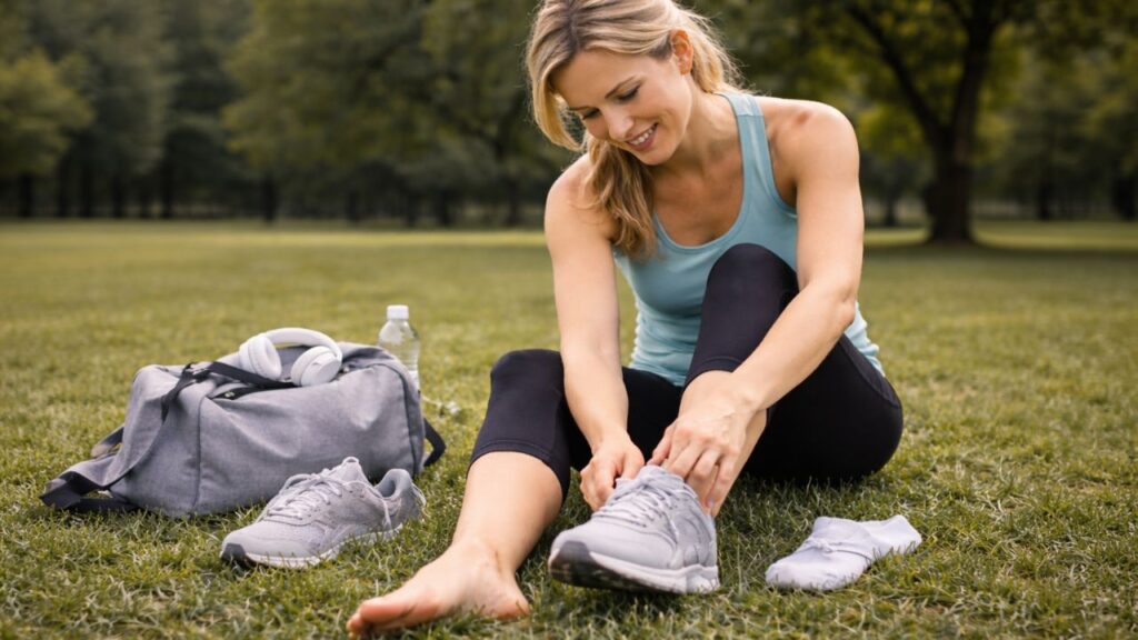 a woman removing her shoes so she can start grounding or earthing