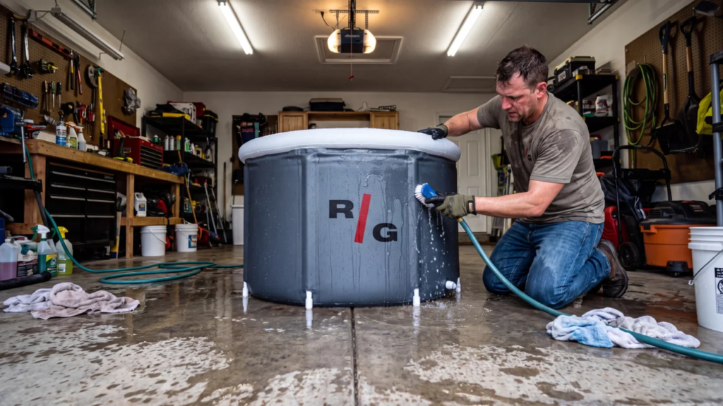 man cleaning his ice bath tub